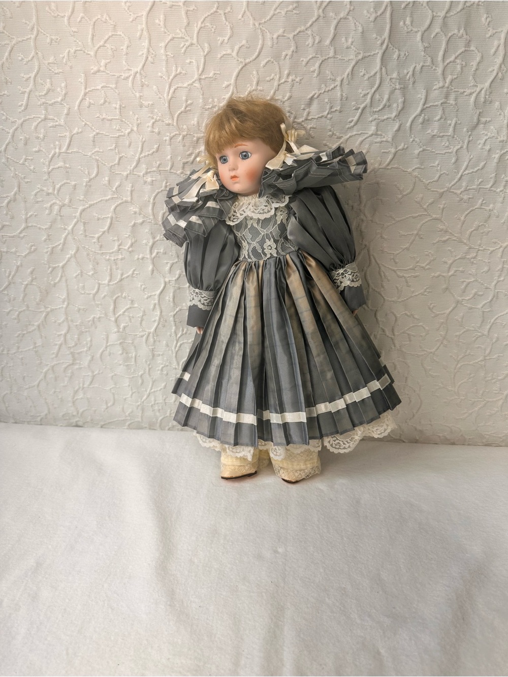 Vintage-Style Porcelain Doll in Gray Dress - Kids Toys
